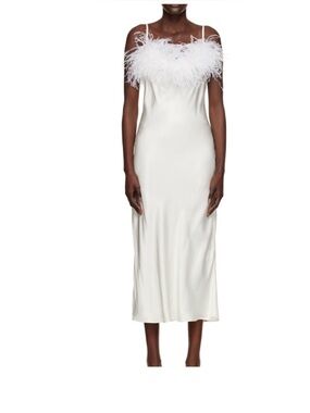 Sleeper NWOT Feather-Trim White Slip Midi Dress. XL.